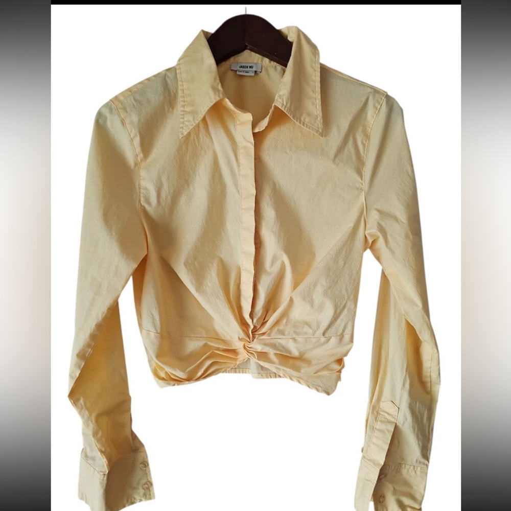 JASON WU Yellow Cotton Long Sleeve Twist Front Cropped Womens Blouse Top Size M